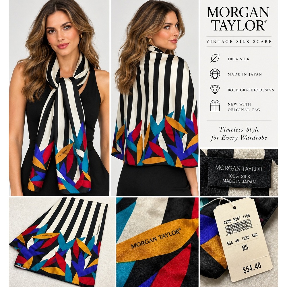 Morgan Taylor Vintage Silk Scarf Made in Japan Black White Stripe Floral 52x11